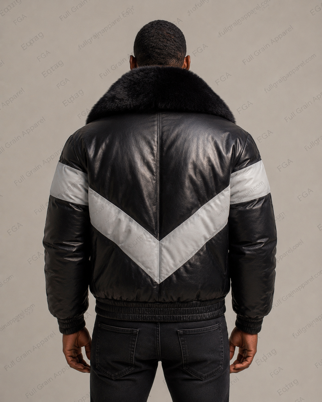 Men’s Black Fur Collar Puffer Leather Jacket Winter Bomber Full Grain Apparel