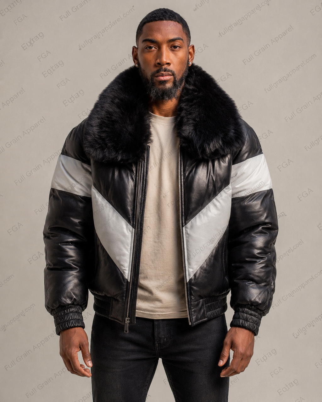 Men’s Black Fur Collar Puffer Leather Jacket Winter Bomber Full Grain Apparel