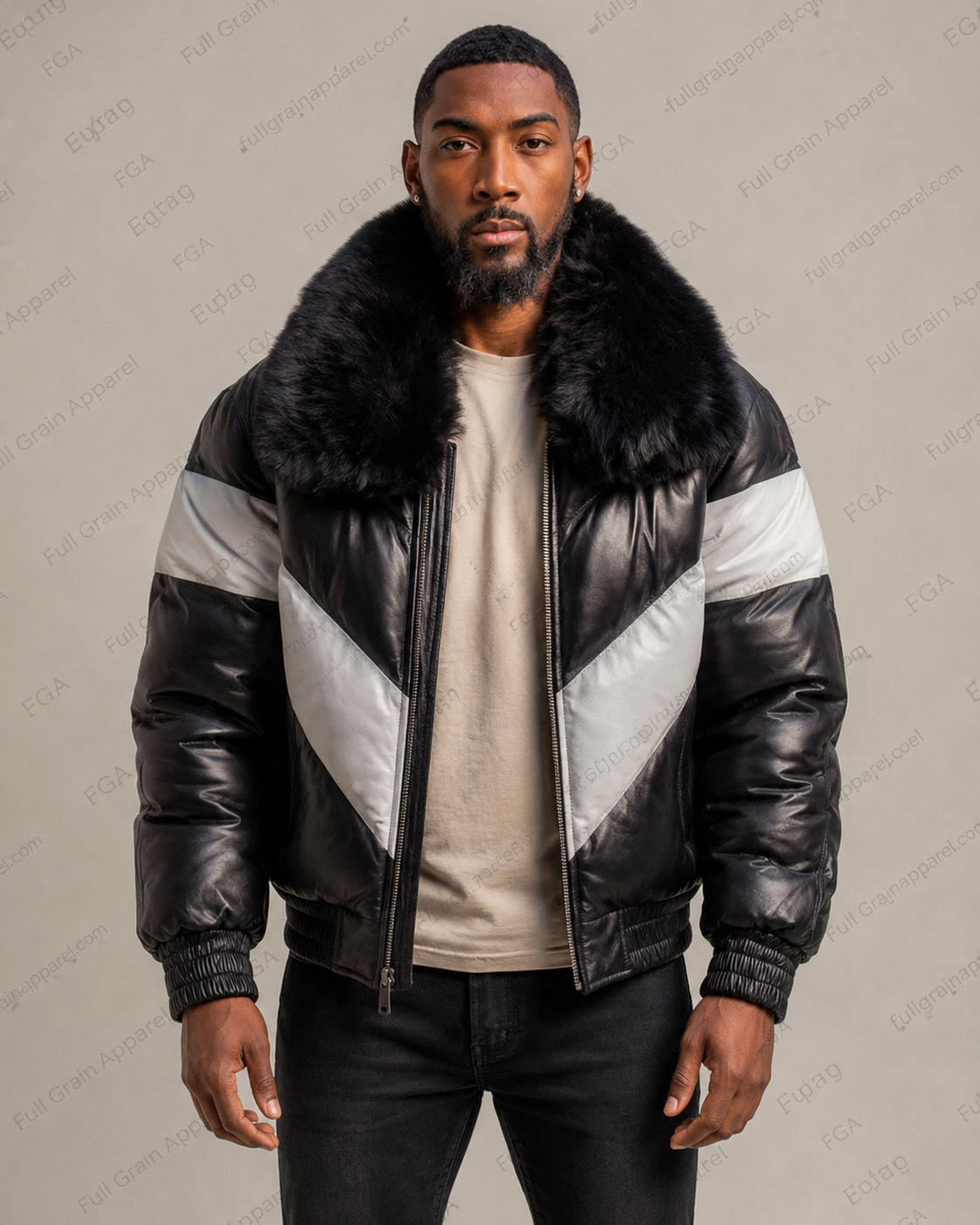 Men’s Black Fur Collar Puffer Leather Jacket Winter Bomber Full Grain Apparel