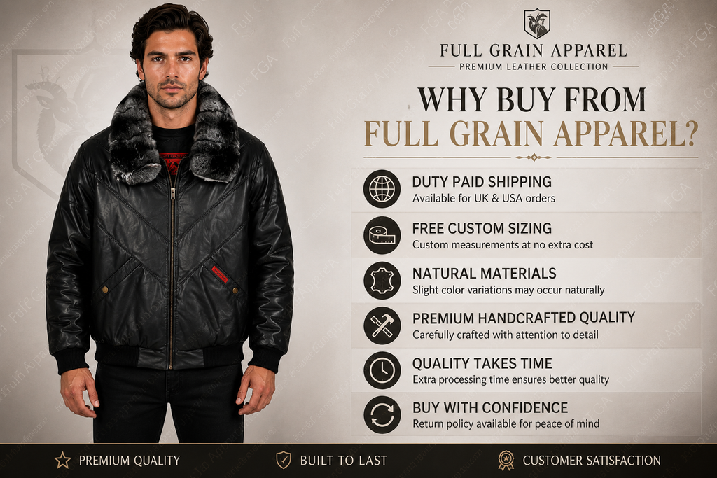 Men’s Black Fur Collar Leather Bomber Jacket Winter Aviator Full Grain Apparel