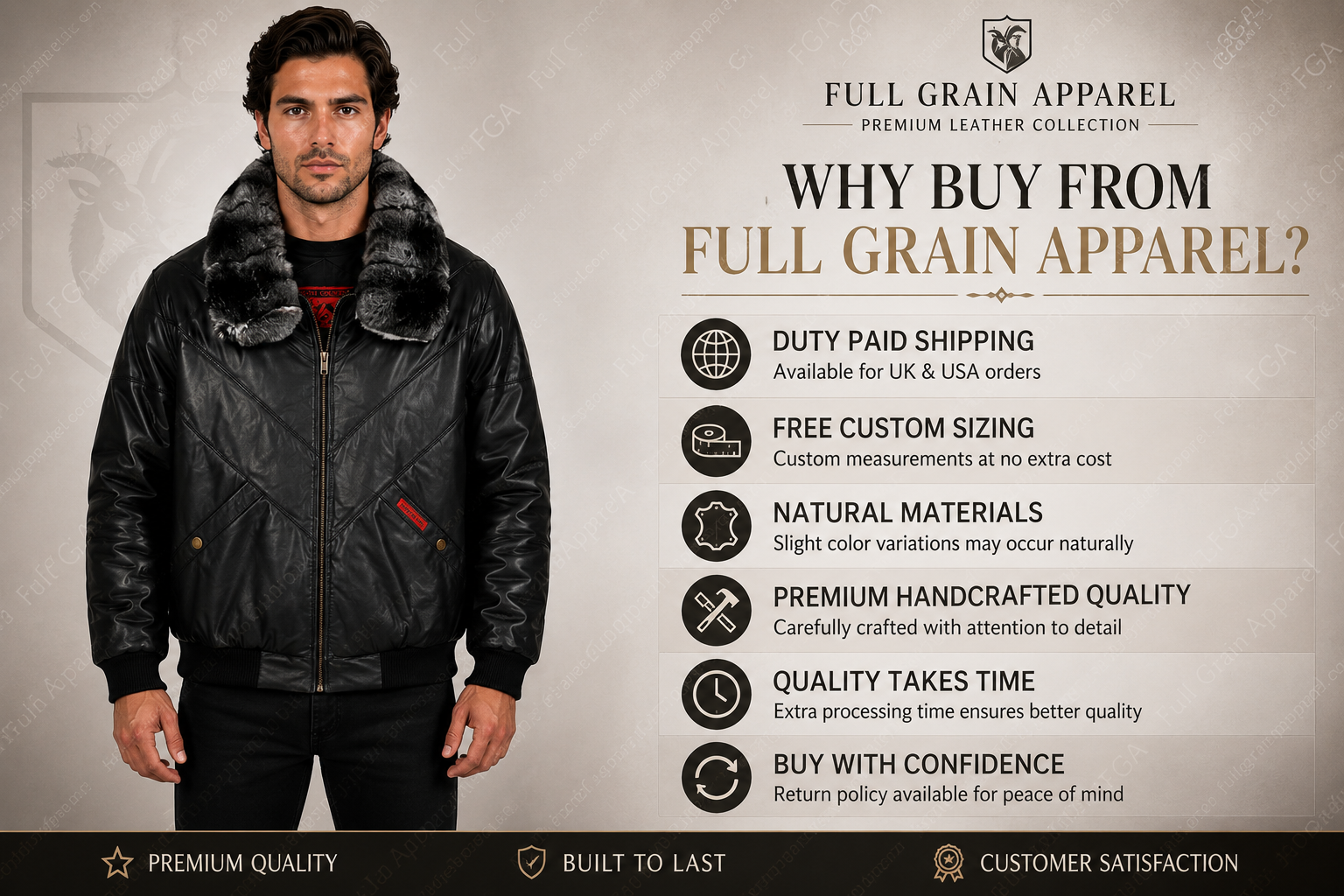 Men’s Black Fur Collar Leather Bomber Jacket Winter Aviator Full Grain Apparel