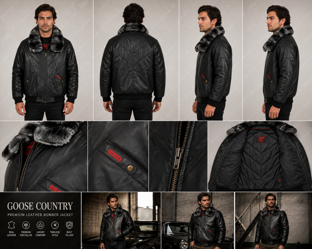 Men’s Black Fur Collar Leather Bomber Jacket Winter Aviator Full Grain Apparel
