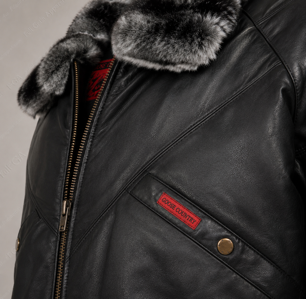Men’s Black Fur Collar Leather Bomber Jacket Winter Aviator Full Grain Apparel