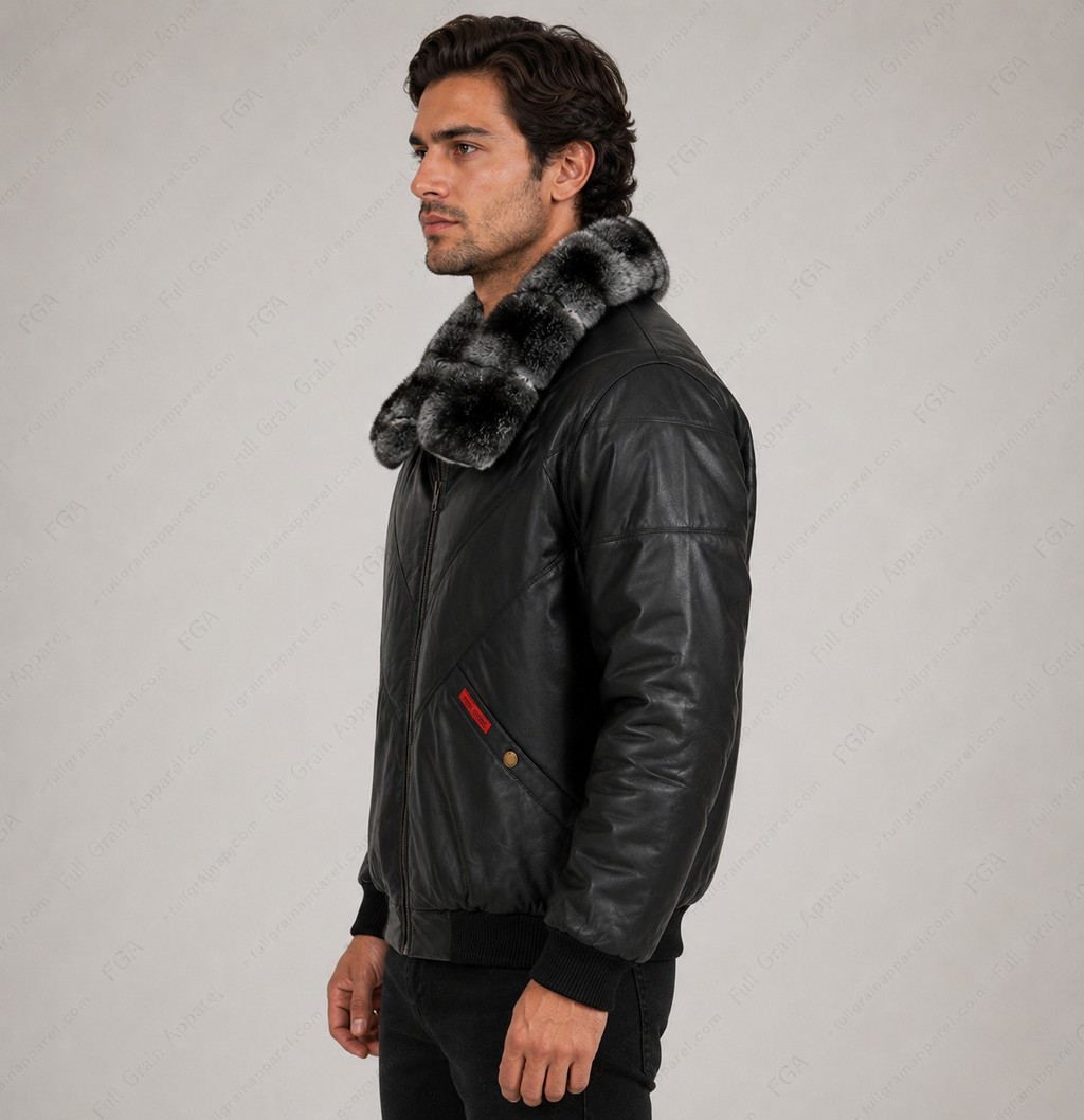 Men’s Black Fur Collar Leather Bomber Jacket Winter Aviator Full Grain Apparel