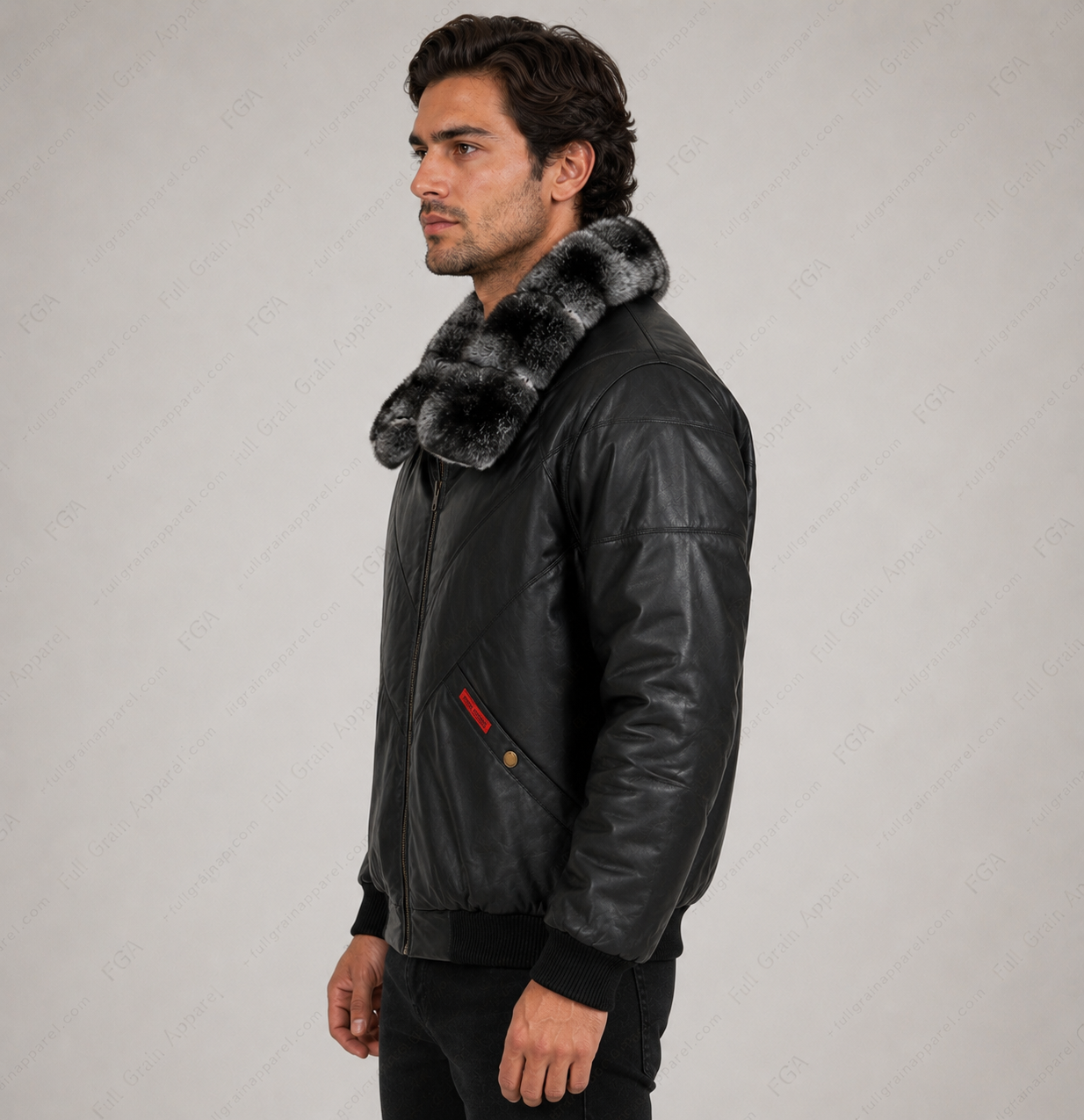 Men’s Black Fur Collar Leather Bomber Jacket Winter Aviator Full Grain Apparel
