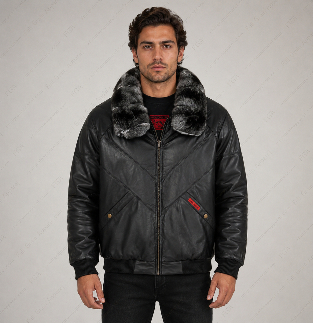 Men’s Black Fur Collar Leather Bomber Jacket Winter Aviator Full Grain Apparel