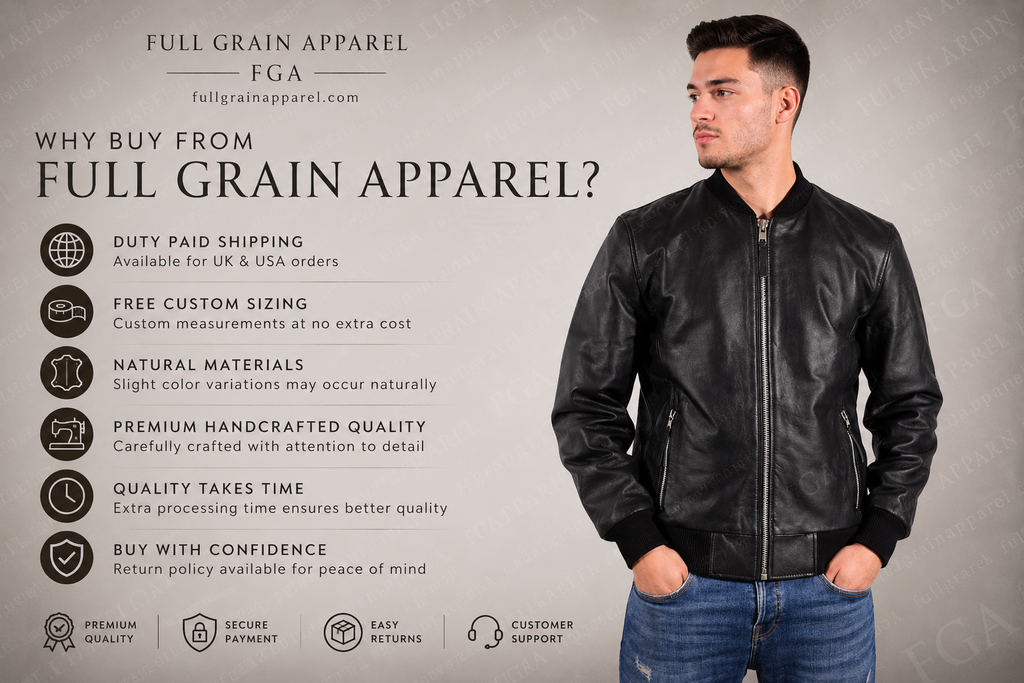 Men’s Black Leather Bomber Jacket Minimal Moto Style Full Grain Apparel