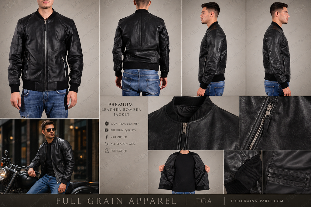 Men’s Black Leather Bomber Jacket Minimal Moto Style Full Grain Apparel
