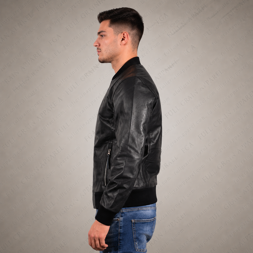 Men’s Black Leather Bomber Jacket Minimal Moto Style Full Grain Apparel