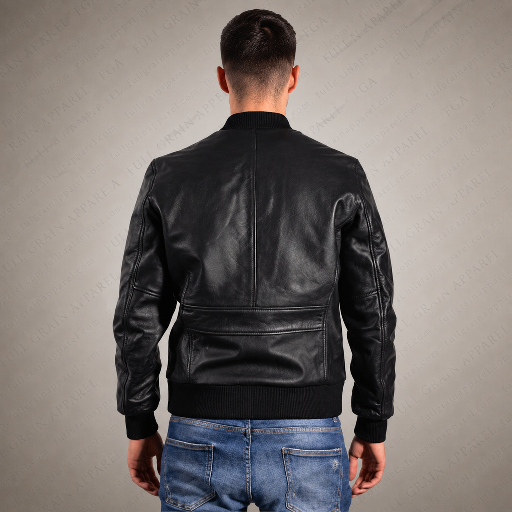 Men’s Black Leather Bomber Jacket Minimal Moto Style Full Grain Apparel