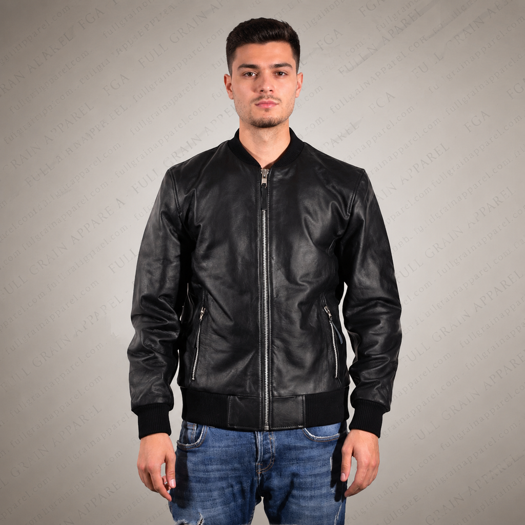Men’s Black Leather Bomber Jacket Minimal Moto Style Full Grain Apparel