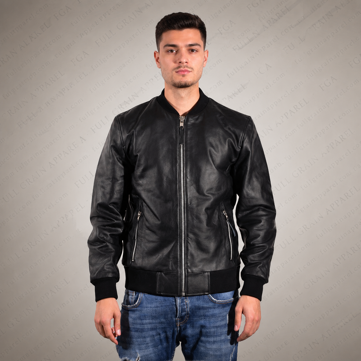 Men’s Black Leather Bomber Jacket Minimal Moto Style Full Grain Apparel