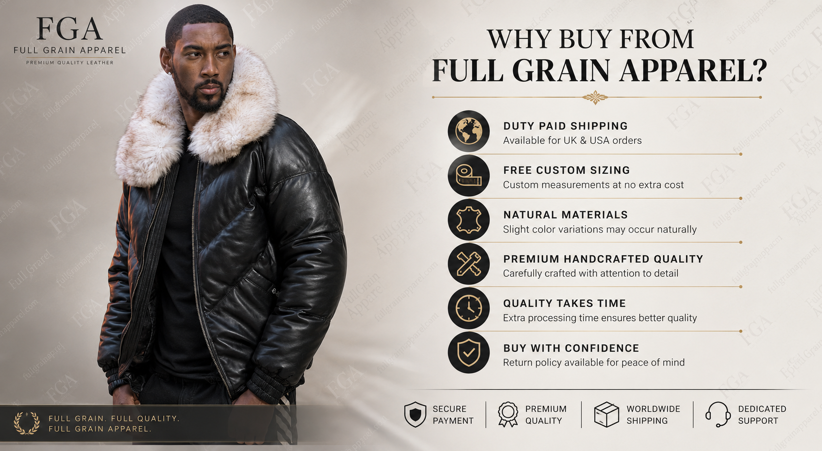 Men’s Black Fur Collar Leather Puffer Jacket Luxe Bomber Full Grain Apparel