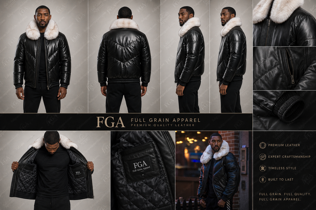 Men’s Black Fur Collar Leather Puffer Jacket Luxe Bomber Full Grain Apparel