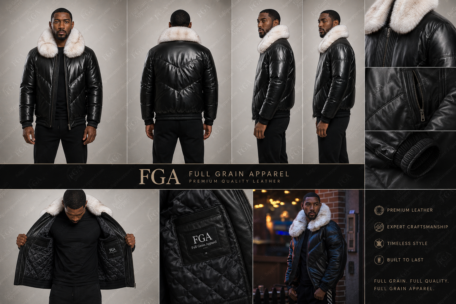 Men’s Black Fur Collar Leather Puffer Jacket Luxe Bomber Full Grain Apparel