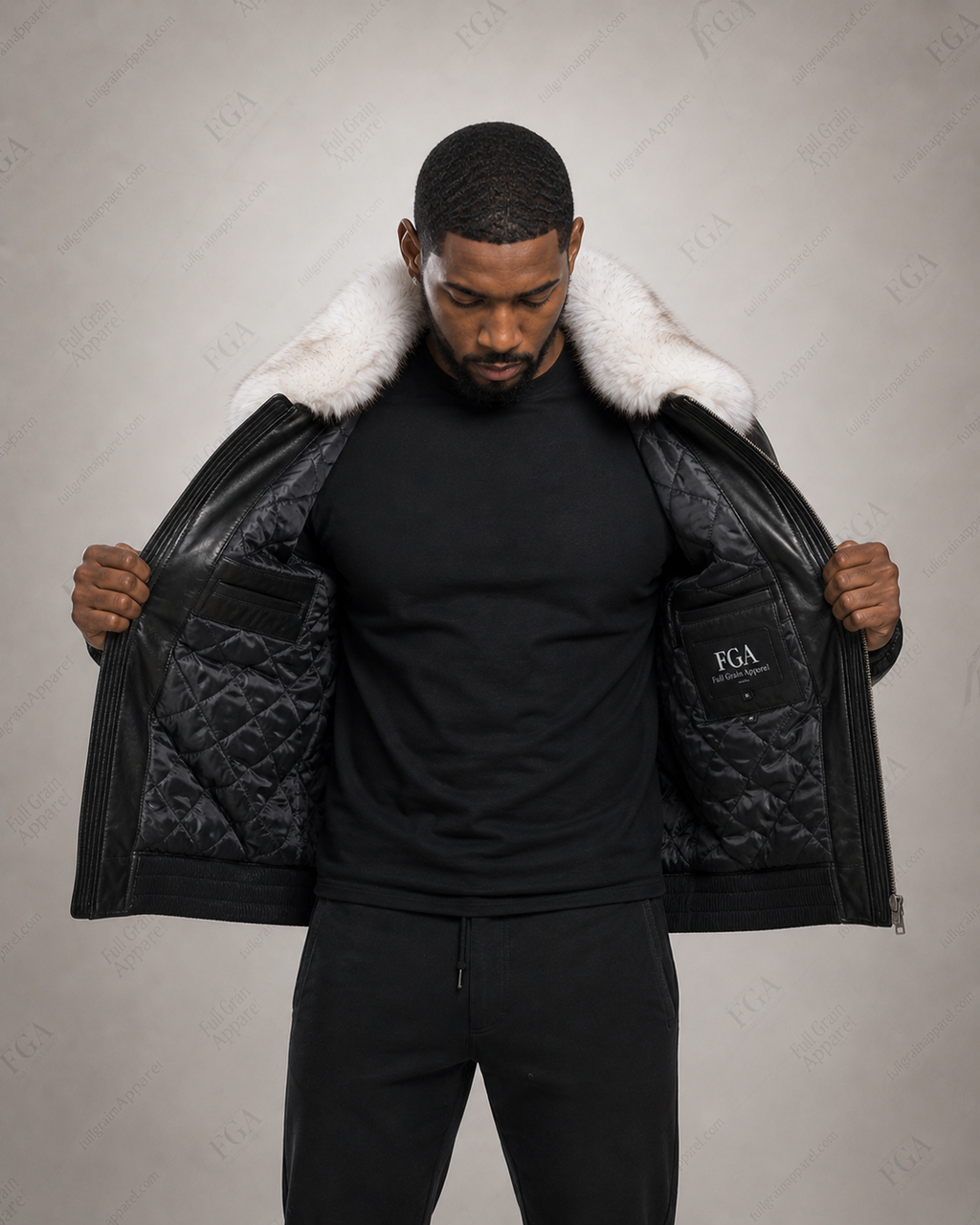 Men’s Black Fur Collar Leather Puffer Jacket Luxe Bomber Full Grain Apparel