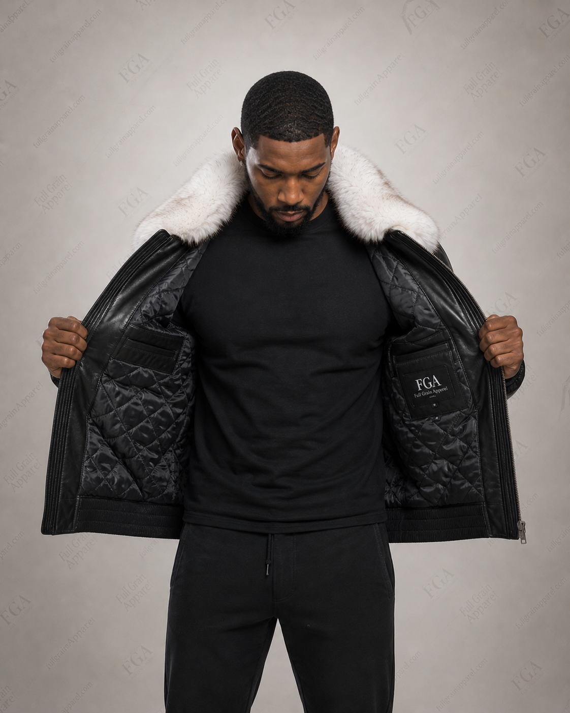 Men’s Black Fur Collar Leather Puffer Jacket Luxe Bomber Full Grain Apparel