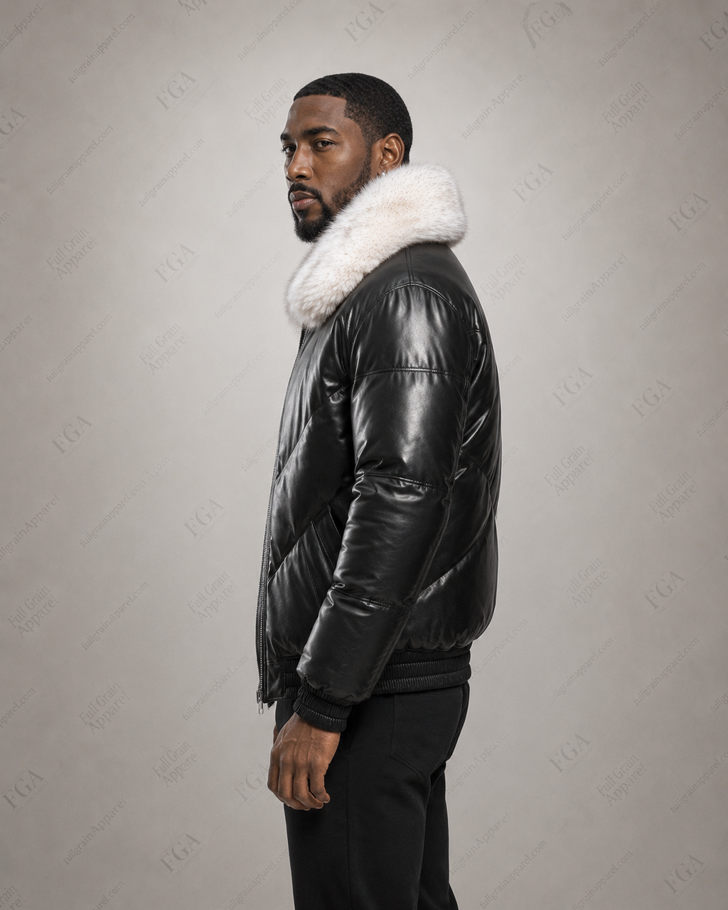 Men’s Black Fur Collar Leather Puffer Jacket Luxe Bomber Full Grain Apparel