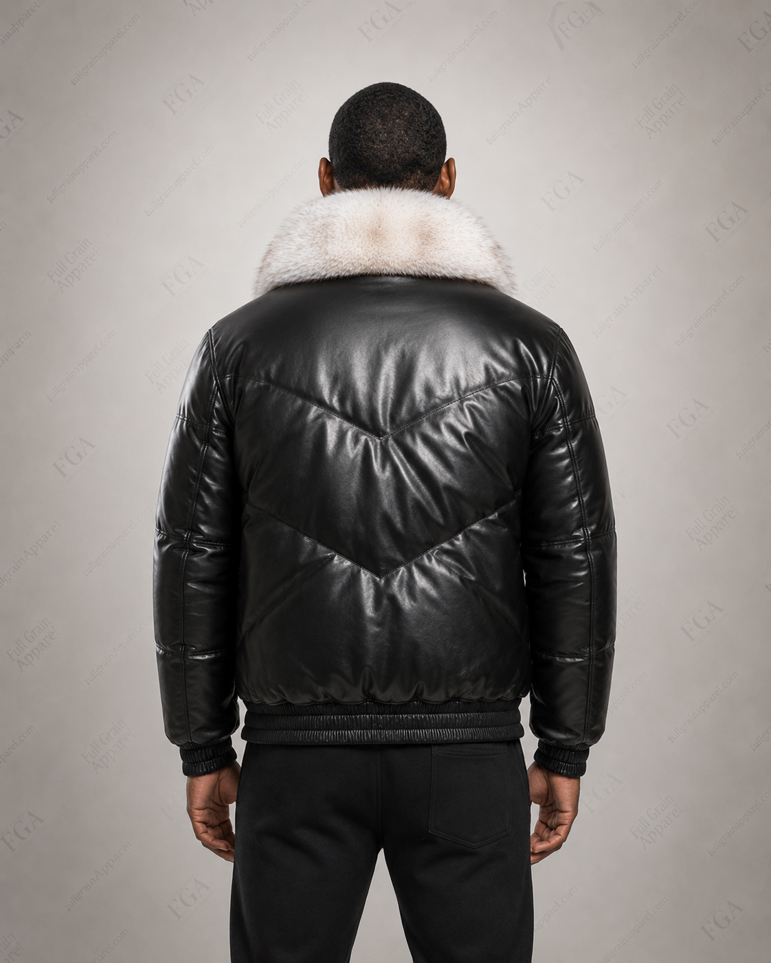 Men’s Black Fur Collar Leather Puffer Jacket Luxe Bomber Full Grain Apparel