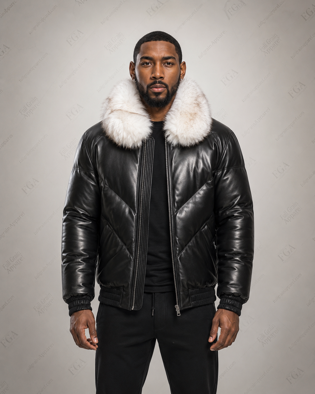Men’s Black Fur Collar Leather Puffer Jacket Luxe Bomber Full Grain Apparel