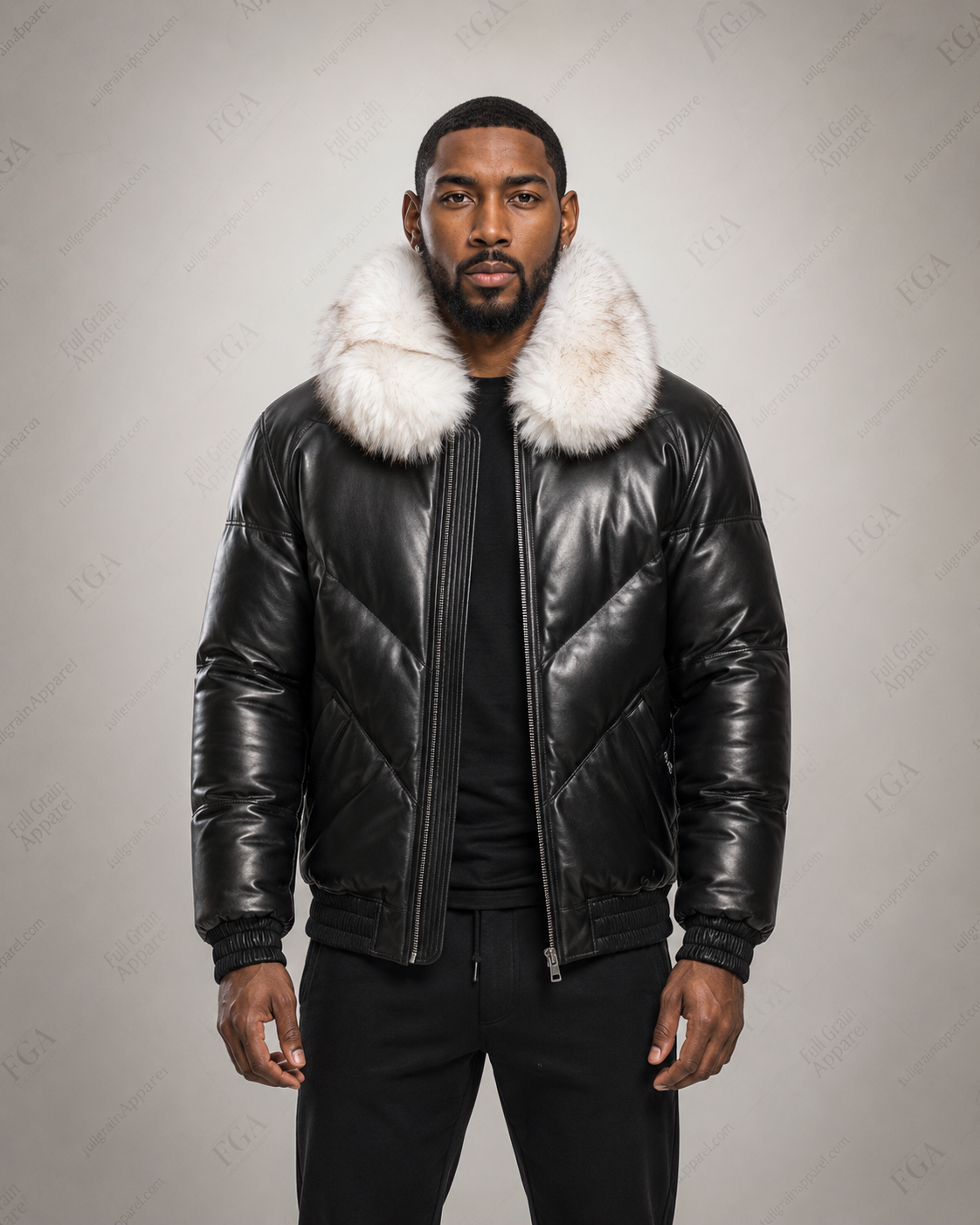Men’s Black Fur Collar Leather Puffer Jacket Luxe Bomber Full Grain Apparel