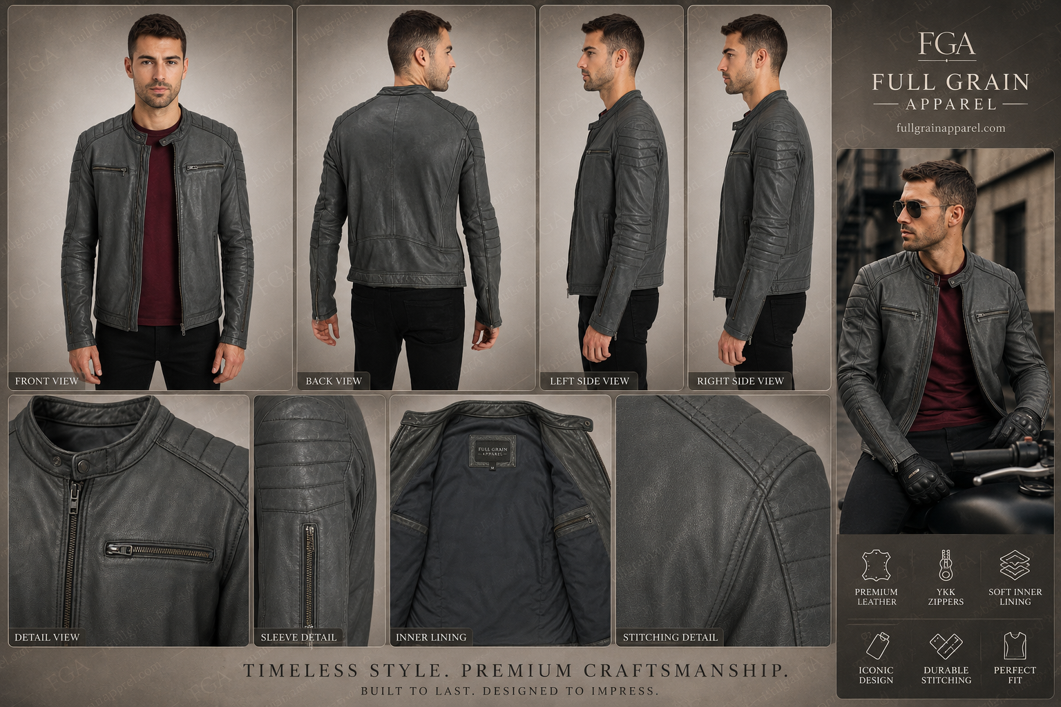 Men’s Grey Cafe Racer Leather Jacket Vintage Moto Full Grain Apparel