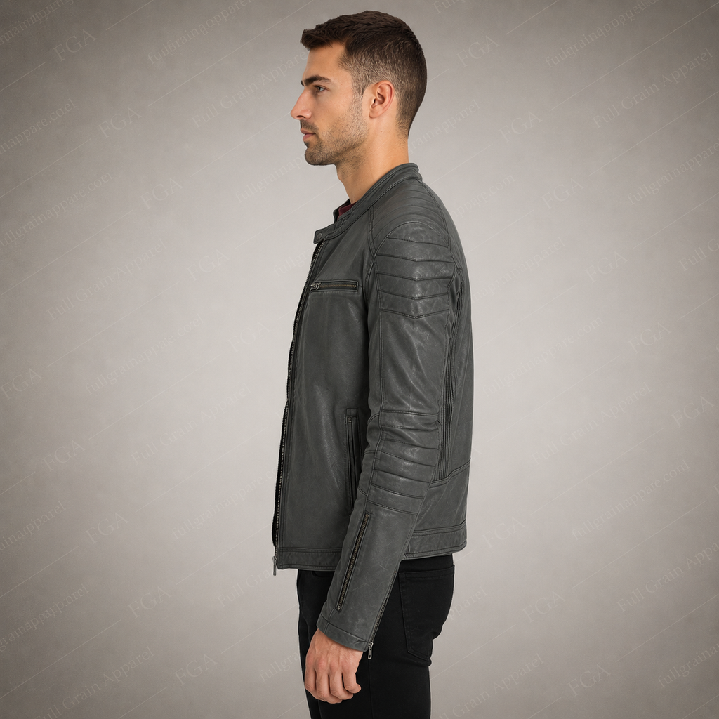 Men’s Grey Cafe Racer Leather Jacket Vintage Moto Full Grain Apparel