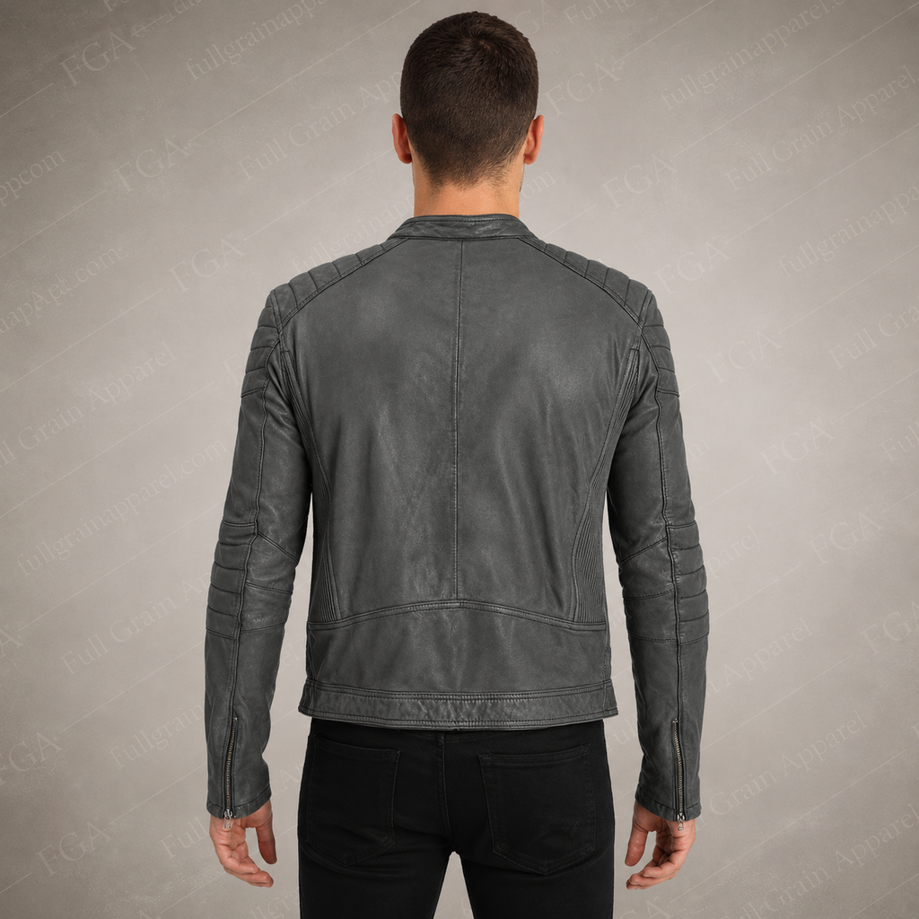 Men’s Grey Cafe Racer Leather Jacket Vintage Moto Full Grain Apparel