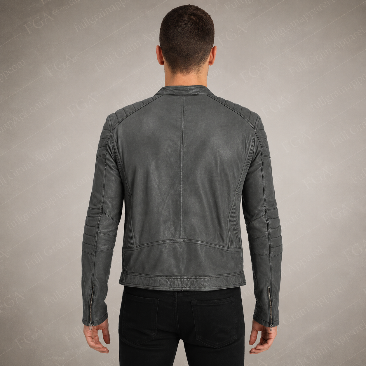 Men’s Grey Cafe Racer Leather Jacket Vintage Moto Full Grain Apparel
