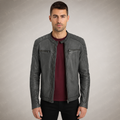 Men’s Grey Cafe Racer Leather Jacket Vintage Moto Full Grain Apparel