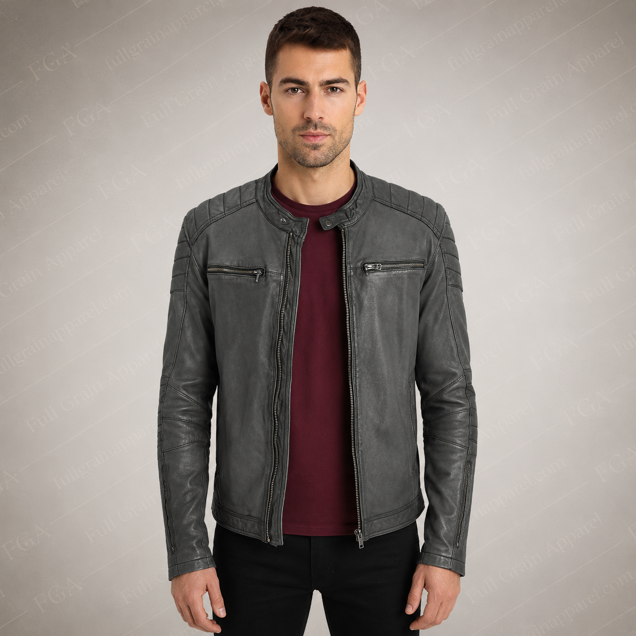 Men’s Grey Cafe Racer Leather Jacket Vintage Moto Full Grain Apparel