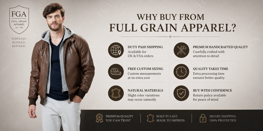 Men's Brown Leather Bomber Jacket with Removable Hood | Full Grain Apparel