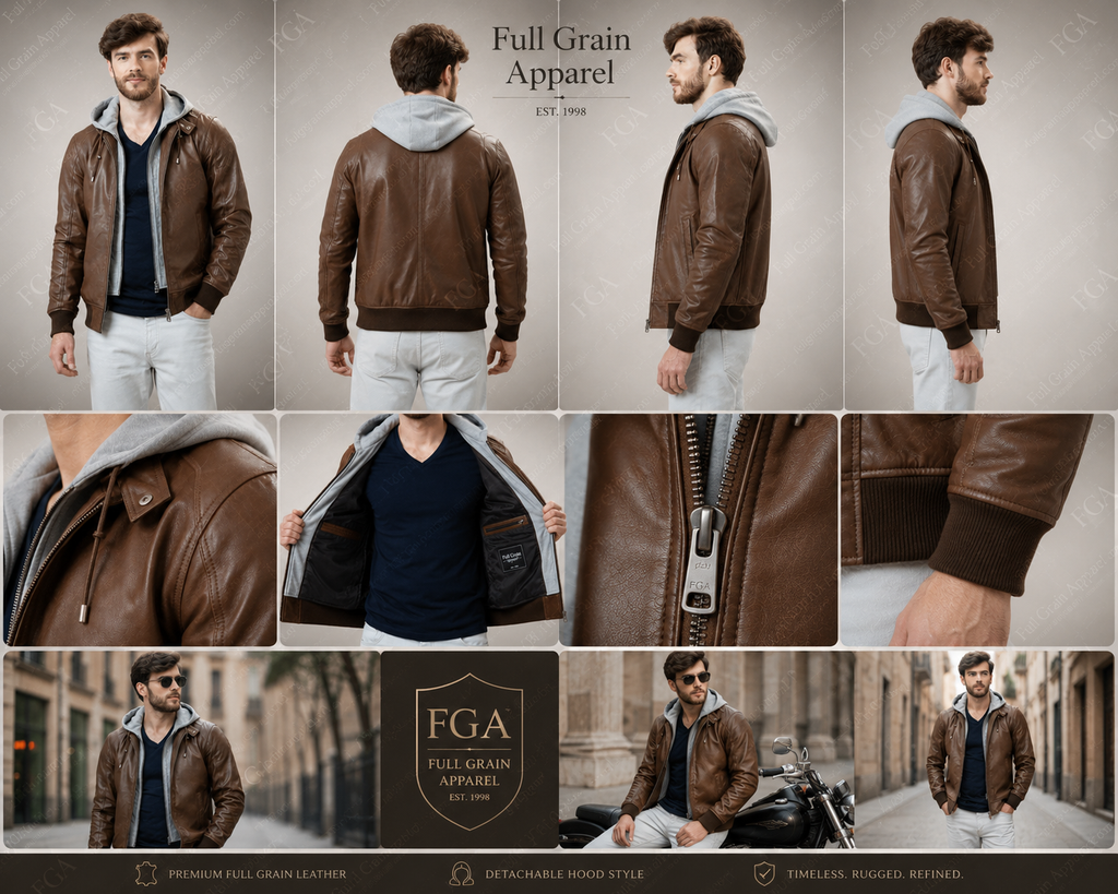 Men's Brown Leather Bomber Jacket with Removable Hood | Full Grain Apparel