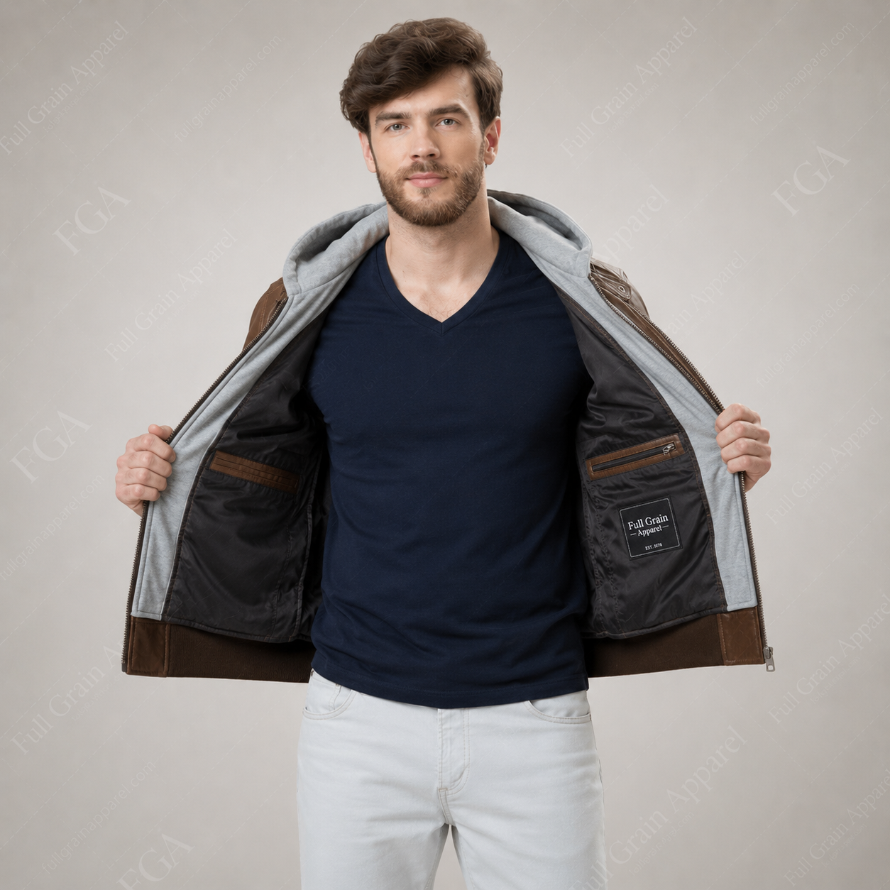 Men's Brown Leather Bomber Jacket with Removable Hood | Full Grain Apparel