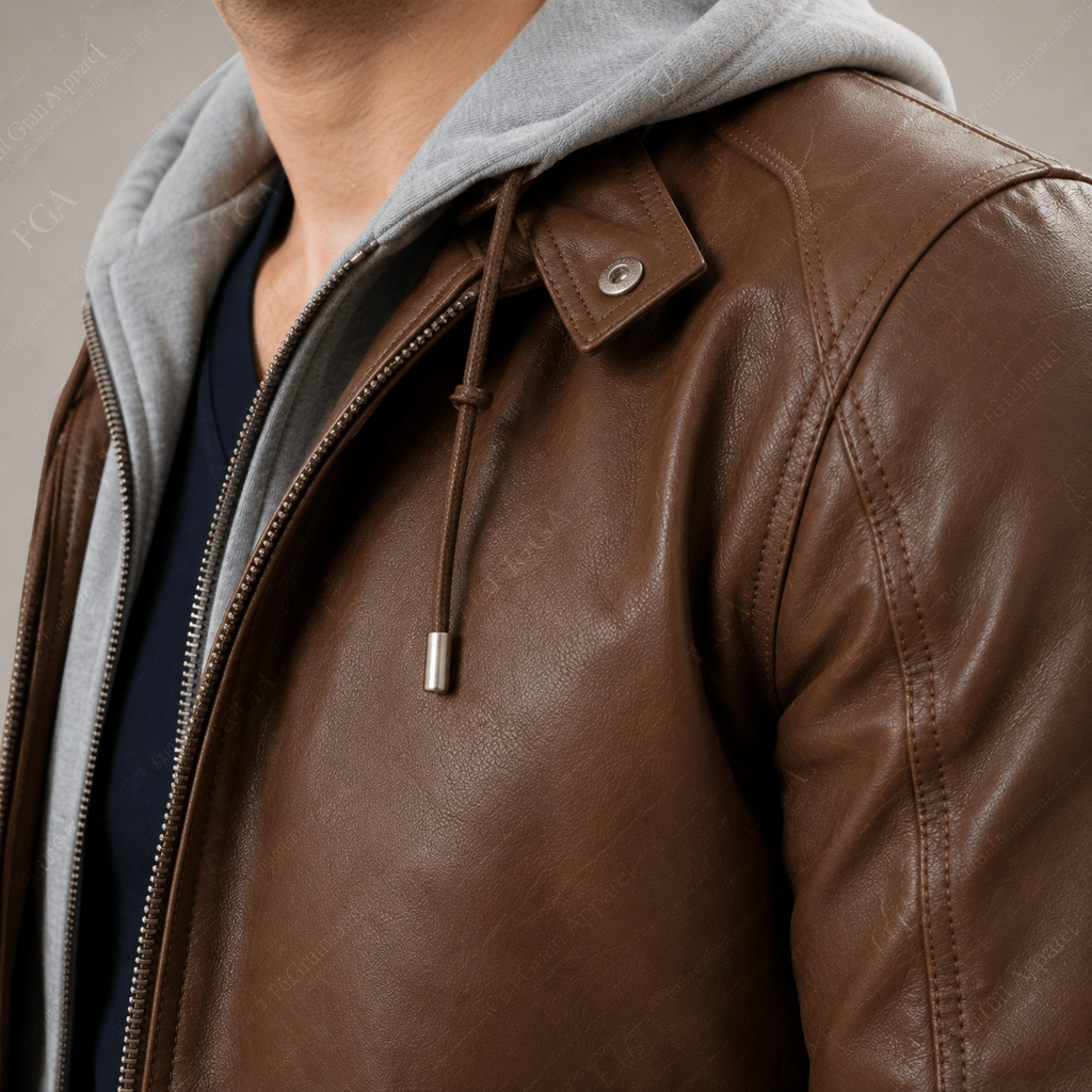 Men's Brown Leather Bomber Jacket with Removable Hood | Full Grain Apparel