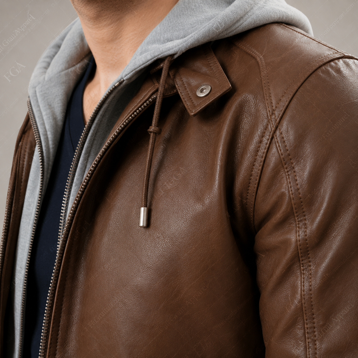 Men's Brown Leather Bomber Jacket with Removable Hood | Full Grain Apparel
