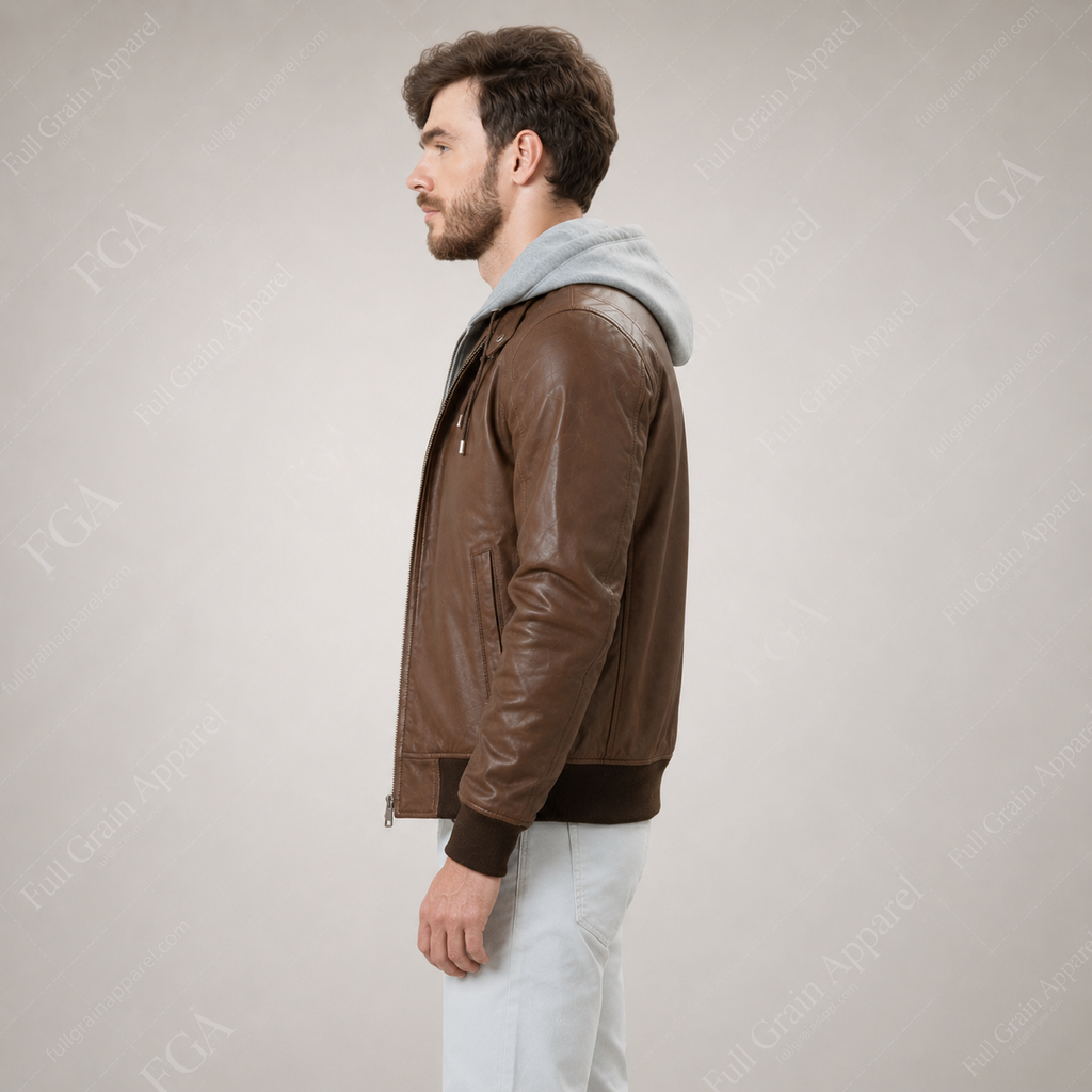 Men's Brown Leather Bomber Jacket with Removable Hood | Full Grain Apparel
