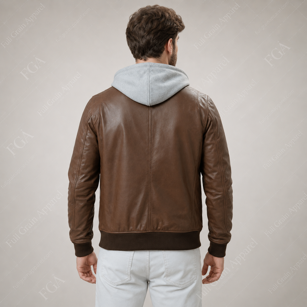 Men's Brown Leather Bomber Jacket with Removable Hood | Full Grain Apparel