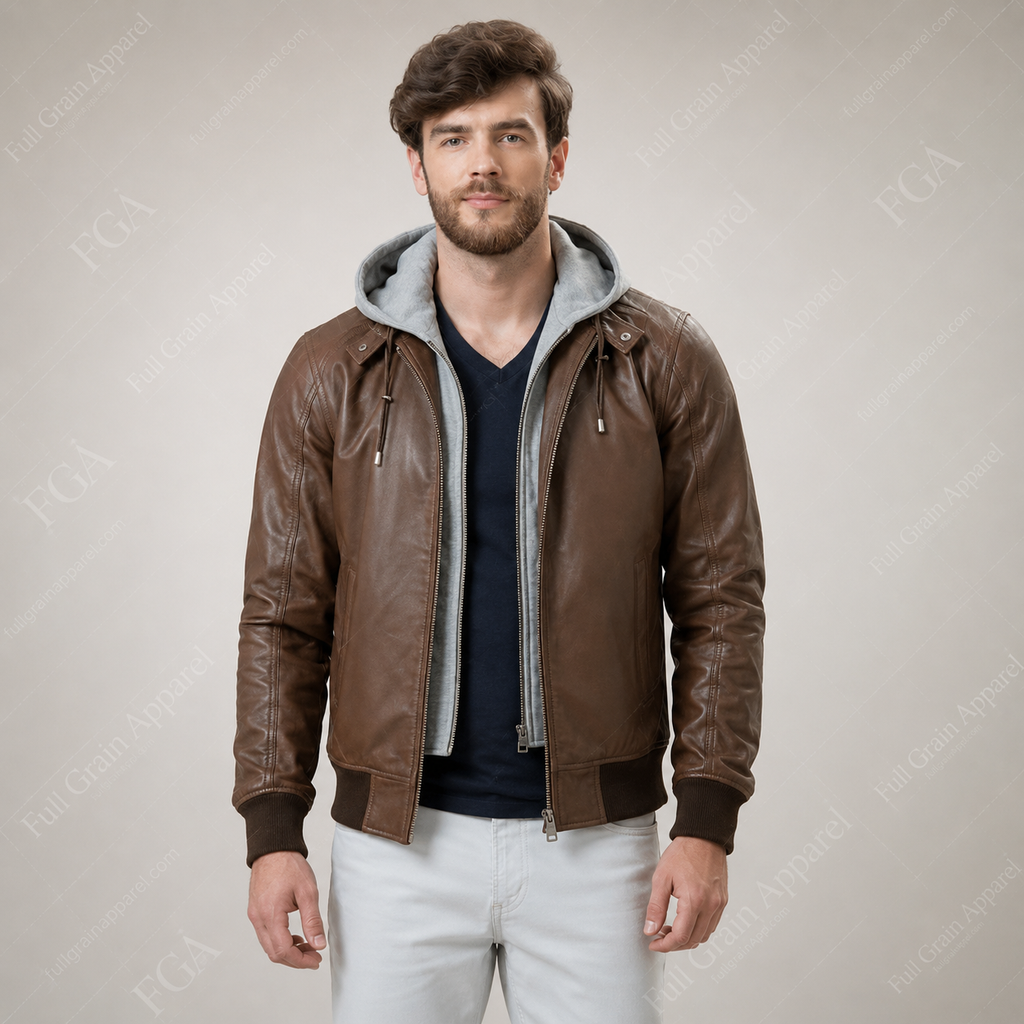 Men's Brown Leather Bomber Jacket with Removable Hood | Full Grain Apparel