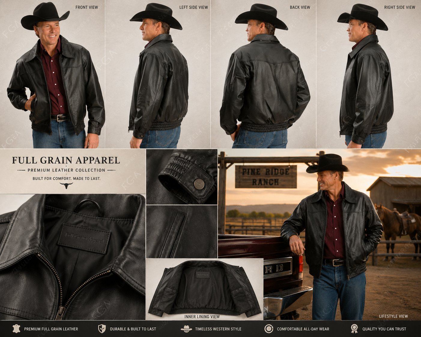 Men's Black Western Leather Jacket | Ranch Bomber | Full Grain Apparel