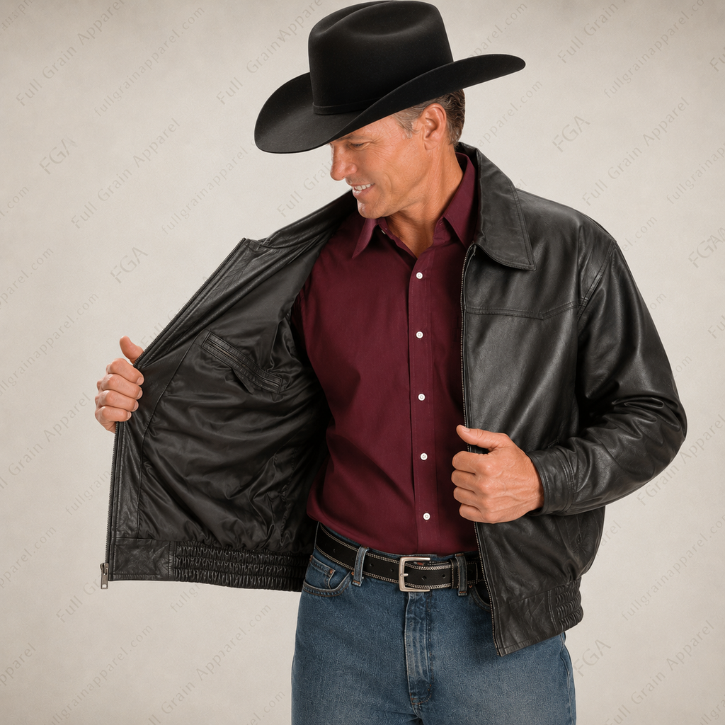 Men's Black Western Leather Jacket | Ranch Bomber | Full Grain Apparel