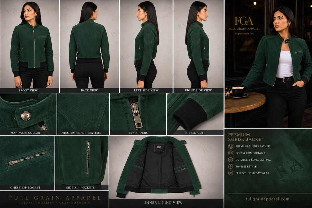 Women's Green Suede Bomber Jacket Cropped Casual Full Grain Apparel