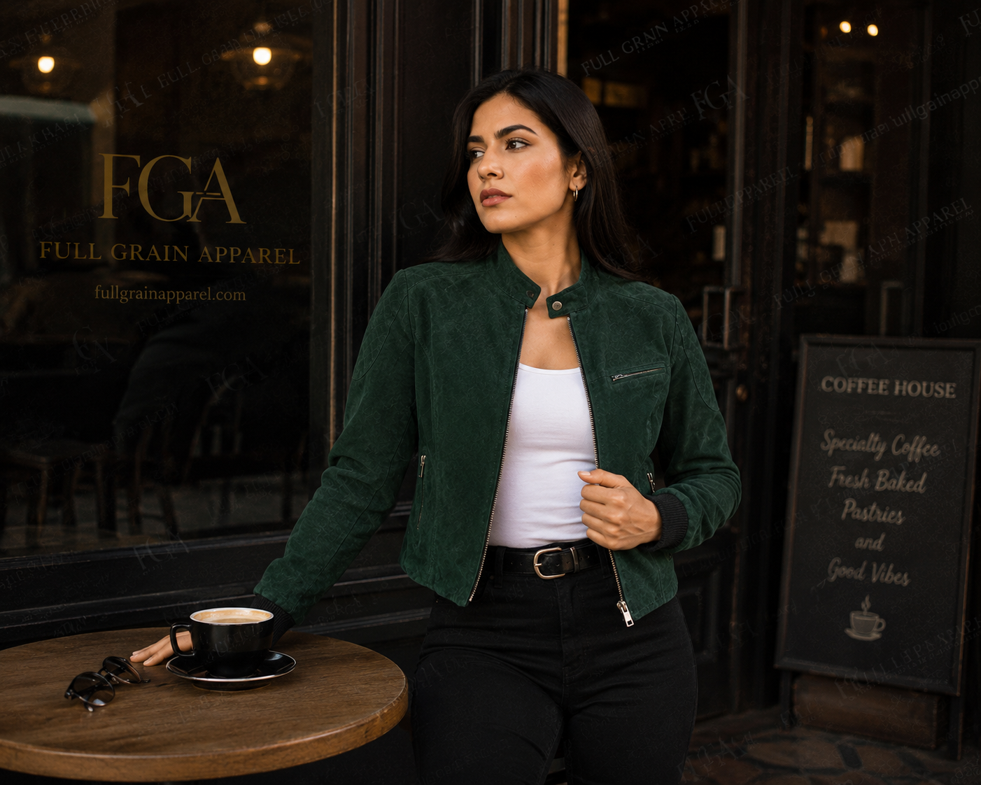 Women's Green Suede Bomber Jacket Cropped Casual Full Grain Apparel
