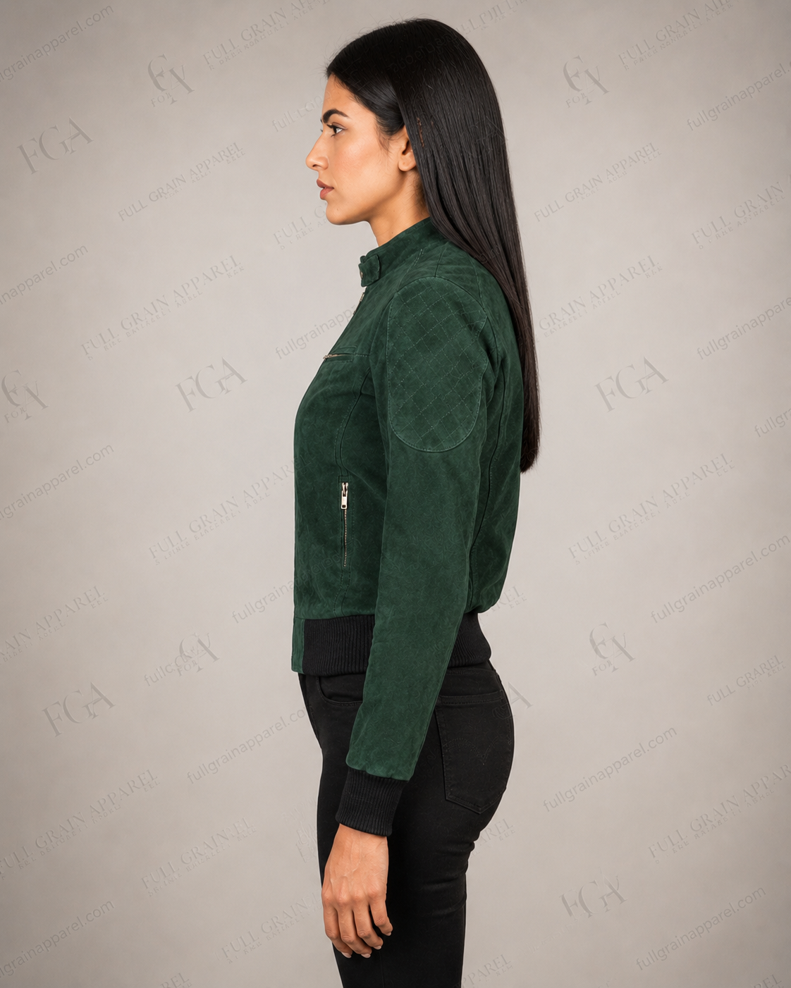 Women's Green Suede Bomber Jacket Cropped Casual Full Grain Apparel