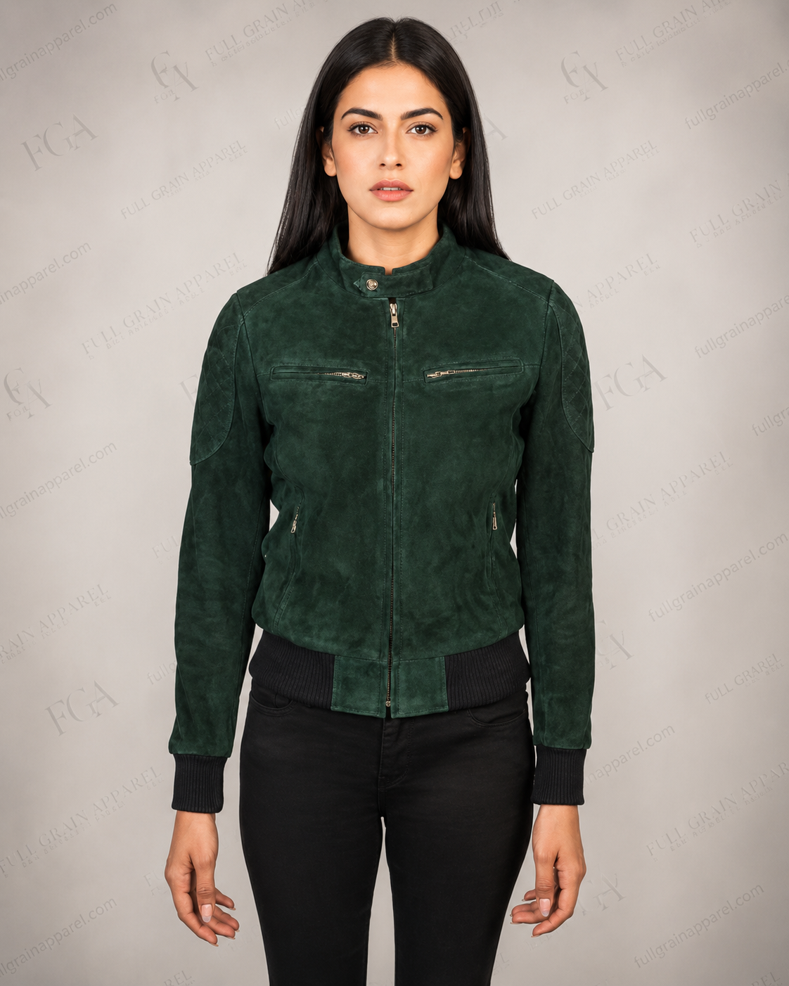 Women's Green Suede Bomber Jacket Cropped Casual Full Grain Apparel