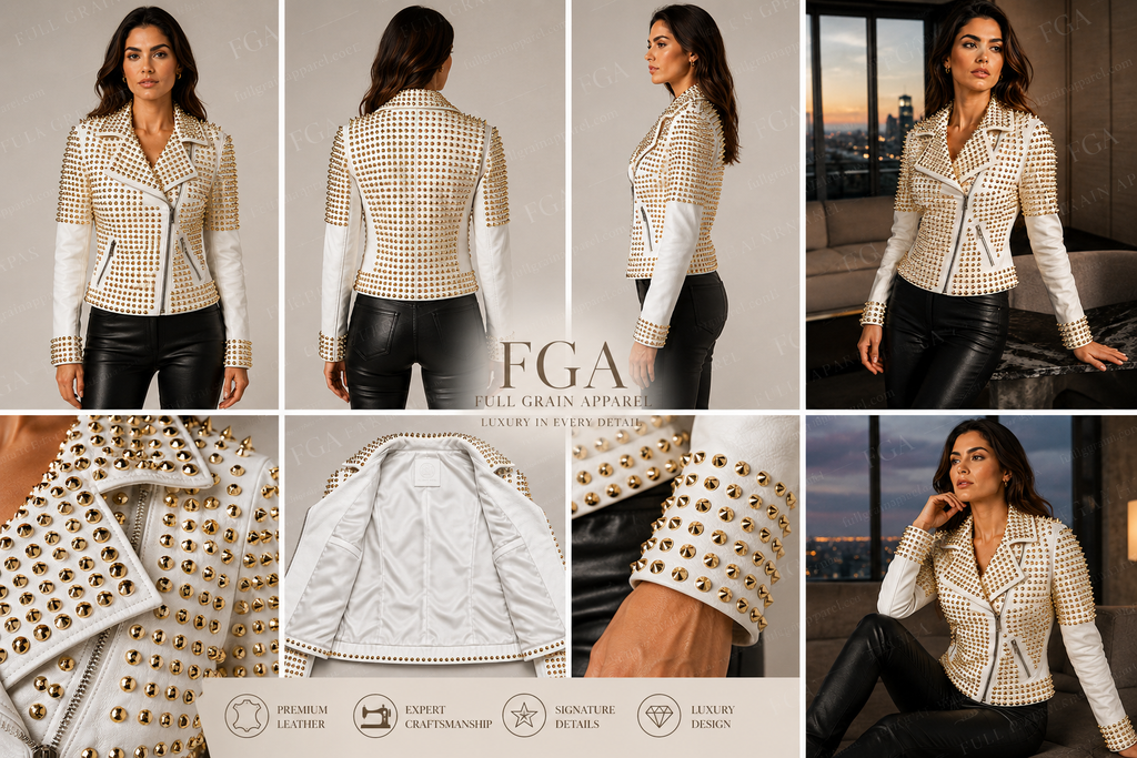 Women's White Studded Leather Biker Jacket Luxury Fashion Full Grain Apparel