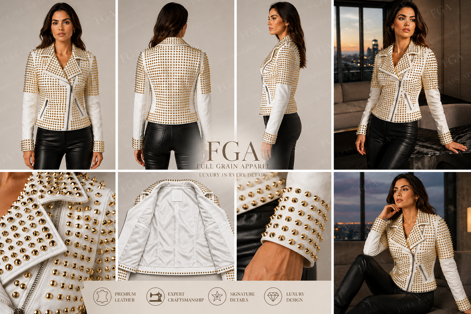 Women's White Studded Leather Biker Jacket Luxury Fashion Full Grain Apparel