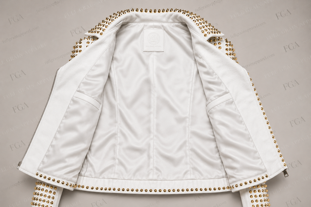 Women's White Studded Leather Biker Jacket Luxury Fashion Full Grain Apparel