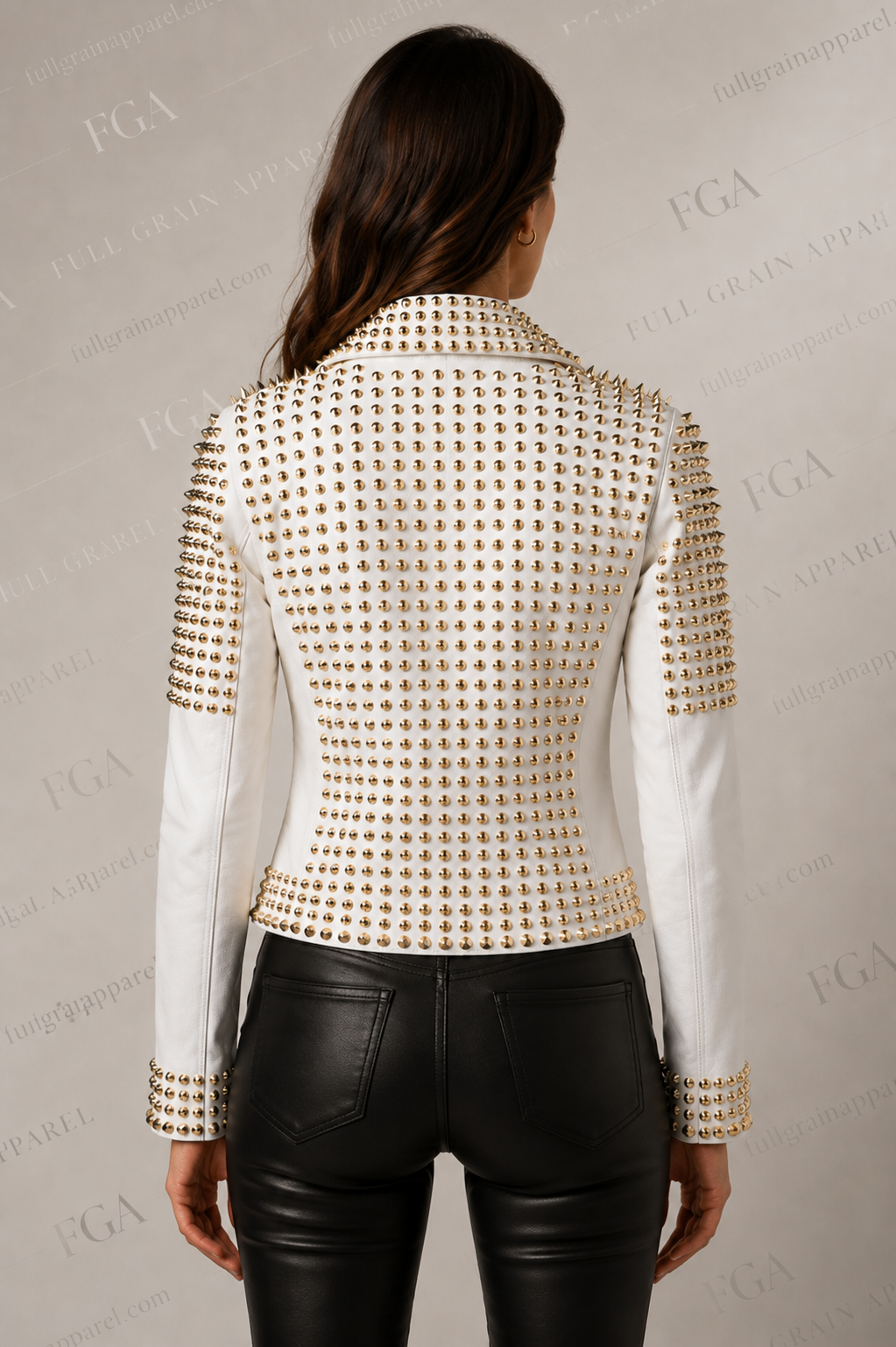 Women's White Studded Leather Biker Jacket Luxury Fashion Full Grain Apparel