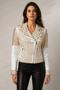 Women's White Studded Leather Biker Jacket Luxury Fashion Full Grain Apparel